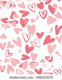 Abstract pink heart seamless pattern of brush in the heart shape, drops and strokes of paint, splash. Fashionable pink illustration for greeting card, invitation, wallpaper, 