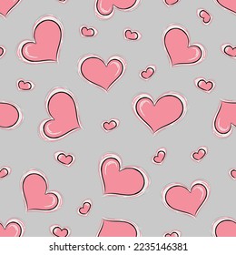 Abstract pink heart seamless pattern background. Hand drawn geometric heart isolated on grey for card, invitation, scrapbook or holiday wrapping paper, textile fabric