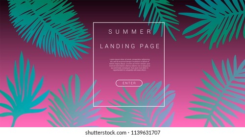 Abstract pink holographic background with green palm leaves. Design template for landing page, flyer, poster.