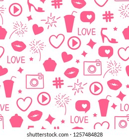 Abstract pink icon texture. Like girly pattern. Seamless design surface background. Vector illustration Kiss, like, heart, camera, beauty party.