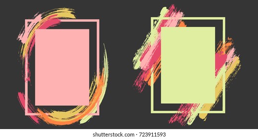 Abstract pink and light green art frame set vector collection. Grunge border with painted brushstrokes background collection. Painted frames graphic design templates for banner, flyer, poster, card.