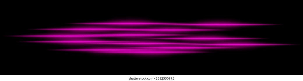 Abstract pink light streaks background. Glowing horizontal lines with motion blur effect on a dark backdrop. Futuristic speed, energy flow, laser beams, and technology concept.