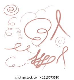 abstract pink lines and strokes, set of abstract pink watercolor brushstrokes, wavy lines, scribbles, spirals, vector isolated on white background for your design