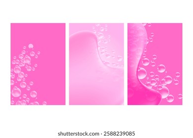 Abstract pink liquid blobs, flowing 3d water bubble fizz, gradient texture poster set. Aesthetic beauty cosmetic background with copy space. Fluid organic forms, smooth gel solution, collagen, serum.