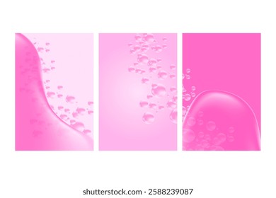 Abstract pink liquid blobs, flowing 3d water bubble fizz, gradient texture poster set. Aesthetic beauty cosmetic background with copy space. Fluid organic forms, smooth gel solution, collagen, serum.
