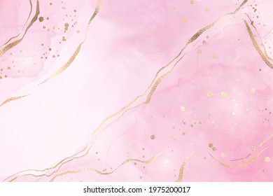 Abstract Pink Liquid Watercolor Background With Golden Stains And Lines. Pastel Rose Marble Alcohol Ink Drawing Effect With Gold Foil. Vector Illustration Design Template For Wedding Invitation.