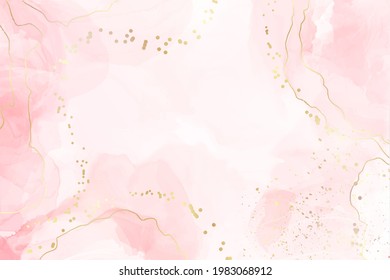 Abstract pink liquid watercolor background with golden dots and lines. Pastel rose marble alcohol ink drawing effect with gold foil. Vector illustration design template for wedding invitation.