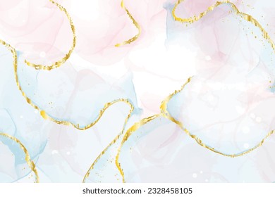 Abstract pink liquid watercolor background with gold dots and lines. Marble alcohol ink drawing effect, golden splash elements. Vector wallpaper