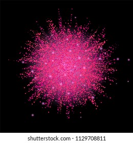Abstract pink magenta dust cloud explosion. Glittering powder banner on dark background. Advertisement in a frame template. Vector illustration.
