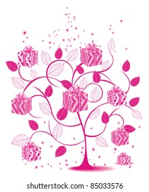 abstract pink magic tree with gift and leaves