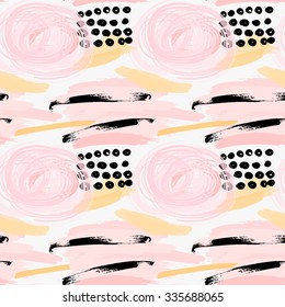 Abstract pink marker circles with black grunge.Hand drawn with paint brush seamless background.Modern hipster style design.