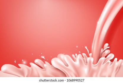 Abstract pink milk splash on soft red background. vector illustration