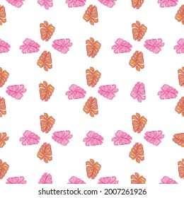 Abstract pink monstera leaves silhouette seamless pattern on white background. Geometric tropic foliage backdrop. Design for fabric, textile print, wrapping paper. Vector illustration
