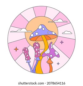 Abstract pink mushroom. Hippie pictures, vivid images. Nature, flora, sun. Badge sticker poster banner. Retro 70s psychedelic icon. Vintage print for tshirt. Cartoon flat vector illustration