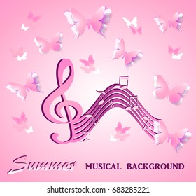 Abstract pink musical background with butterflies and treble clef