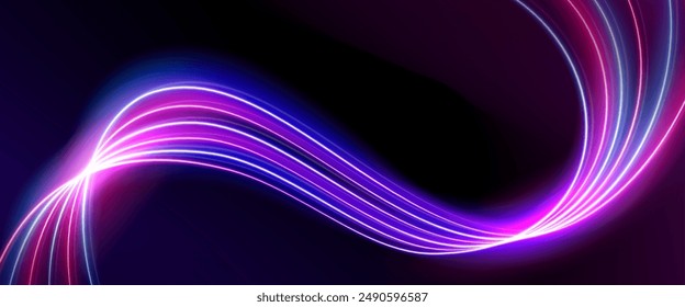 Abstract pink neon light wave with glow effect. Blue and purple color curve flow with blur. 3d wavy stripe pulse with dynamic blend elements. Futuristic bright magic laser vortex vector background