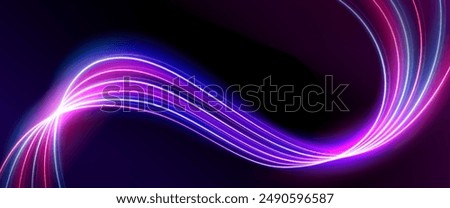 Abstract pink neon light wave with glow effect. Blue and purple color curve flow with blur. 3d wavy stripe pulse with dynamic blend elements. Futuristic bright magic laser vortex vector background