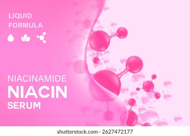 Abstrato rosa Niacinamida soro, premium anti-envelhecimento cosméticos ilustração com formas líquidas abstratas, estrutura molecular. Ideal para blogs de beleza, embalagens cosméticas e materiais de marketing.