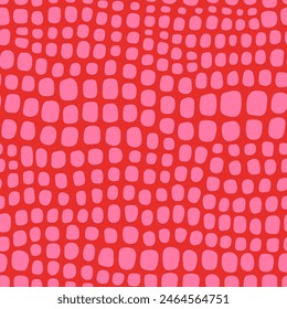 Abstraktes Rosa auf roter Schlangenhaut Flecken nahtlose Muster. Heiß-rosa Bio-Formen auf einem leuchtend roten Hintergrund, schlichter flacher Stil. Handgezeichnete helle und kühne Krokodilhaut Textur Spaß trendy Print.