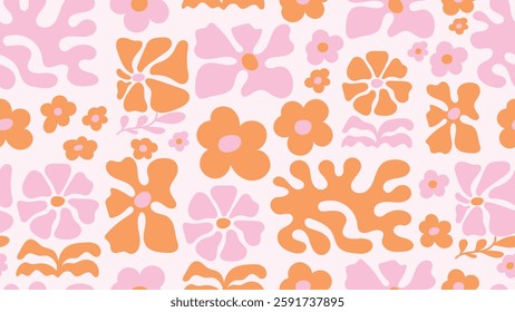 Abstract pink and orange  botanical art background vector. Natural hand drawn pattern design with flower and leaves branch. Simple Design for fabric and print.