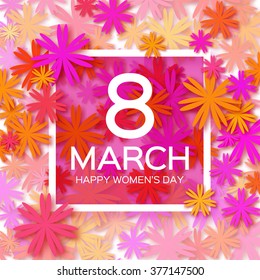 Abstract Pink Orange Floral Greeting card - International Happy Women's Day - 8 March holiday background with paper cut Frame Flowers. Trendy Design Template. Vector illustration.