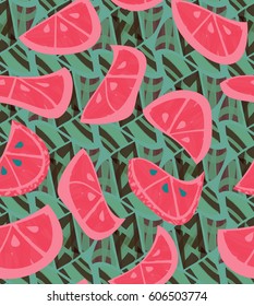 Abstract pink orange slices with texture on green.Hand drawn with ink and colored with marker brush seamless background.Creative hand made brushed design.