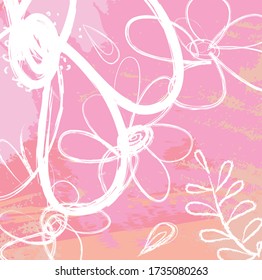 Abstract pink paint brush and strokes with flowers and leaves pattern background. creative nice hand drawn and splash colours for your design. Nice tone colours fantasy stripes and grunge