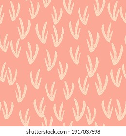Abstract pink palette seamless pattern in pastel tones with random little seaweed silhouettes ornament. Perfect for fabric design, textile print, wrapping, cover. Vector illustration.