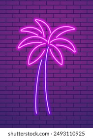 Abstract pink palm tree, neon glowing illustration. Minimalistic pink neon glowing line design.