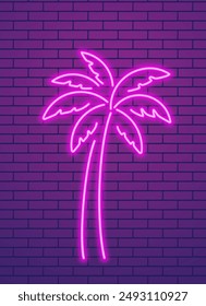 Abstract pink palm tree, neon glowing illustration. Minimalistic pink neon glowing line design.