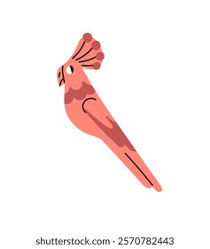 Abstract pink parrot with crest. Icon of cockatoo. Tropical bird, parakeet with red wings. Cute birdie of jungle. Feathered pet, exotic animal. Flat isolated vector illustration on white background