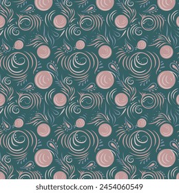 Abstract pink pattern on a green background, in boho style or traditional ornament. Seamless vector pattern with oriental and Slavic motifs. For fabrics, wrapping paper, clothing, interior decoration