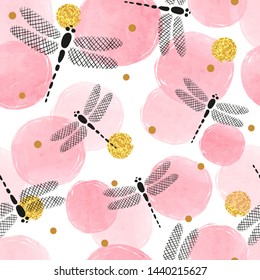 Abstract pink pattern with watercolor circles and dragonflies.