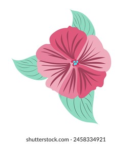 Abstract pink petunia in flat design. Blooming flower head with leaves. Vector illustration isolated.
