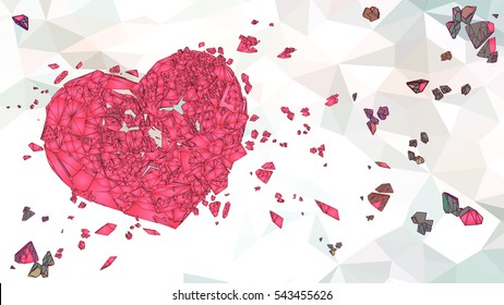 Abstract pink polygonal broken heart graphic illustration on bright low poly background