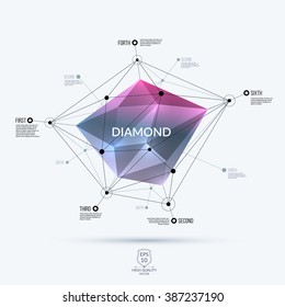 Abstract pink polygonal diamond, brilliant or stone with edges, lines and rounds with communication and system concept. Vector illustration. 