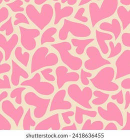 Abstract pink psychedelic hearts print background. 1970s trippy seamless pattern. Groovy vector background for Valentine's Day or wedding. 