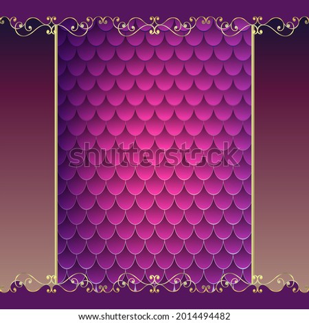 Abstract pink and purple background with gold ornaments. Fish scale pattern.