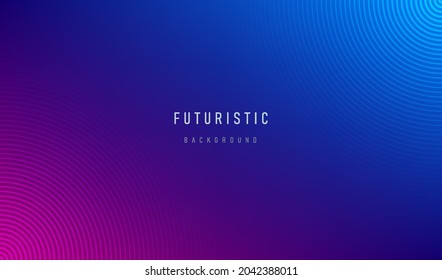 Patrón de líneas redondas radiales opacas, púrpura y azul sobre fondo azul oscuro con espacio de copia. Diseño de banner de color neón futurista de tecnología moderna. Ilustración del vector