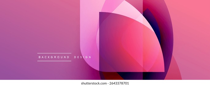 Abstract pink purple design. Overlapping shapes create modern visual effect. Gradient colors offer smooth transition. Minimal text present.