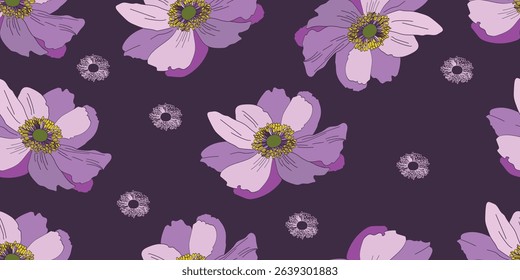 Abstract pink and purple flower seamless pattern.Purple background. Hand draw flower.