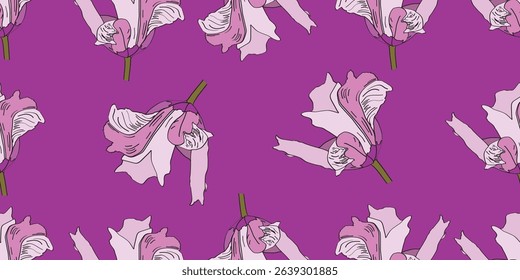 Abstract pink and purple flower seamless pattern.Purple background. Hand draw flower.