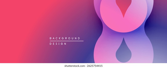 Abstract pink purple gradient background. Modern design features flowing shapes, droplet element, text labels present.