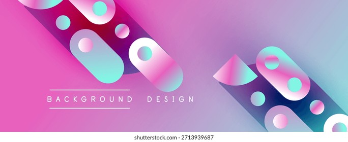 Abstract pink purple gradient background. Circles rectangles create dynamic visual effect. Modern design elements present.