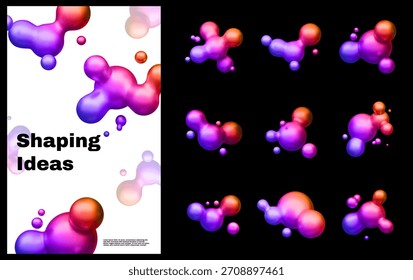 Formas de burbuja de gradiente rosa y púrpura Abstractas. Bolas de transformación 3D, esferas de fluidos flotantes, partículas de fórmula molecular. Elementos de diseño coloridos para carteles, publicidad. Ilustración vectorial 3D.