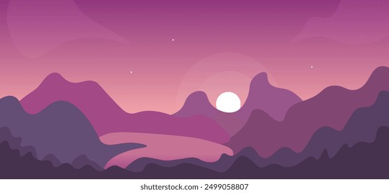 Abstract Pink Purple Landscape Mountains Clouds Stars Lake Sun Rising Magic Mystical Vector Design