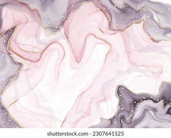 Abstract pink, purple liquid watercolor background with gold dots and lines. Marble alcohol ink drawing effect, golden splash elements. Vector wallpaper