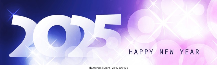 Abstract Pink, Purple and White Glossy Horizontal Christmas, New Year Header or Banner, Sparkling Vector Design with Bokeh Effect for Year 2025