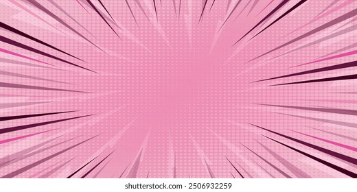 Abstract Pink rays background with halftone. Pop art comics book cartoon magazine cover. Vector halftone illustration. Light pink sunburst abstract background. Pop art style with empty space. Vector