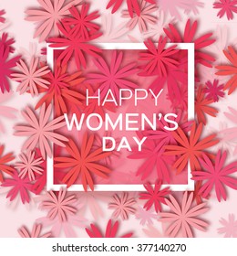 Abstract Pink Red Floral Greeting card - International Happy Women's Day - 8 March holiday background with paper cut Frame Flowers. Trendy Design Template. Vector illustration.